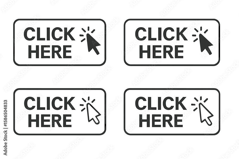 Fototapete Click here button set with computer mouse cursor icon. Collection of modern action buttons for website design and user interface. Call to action concept with pointer symbol.