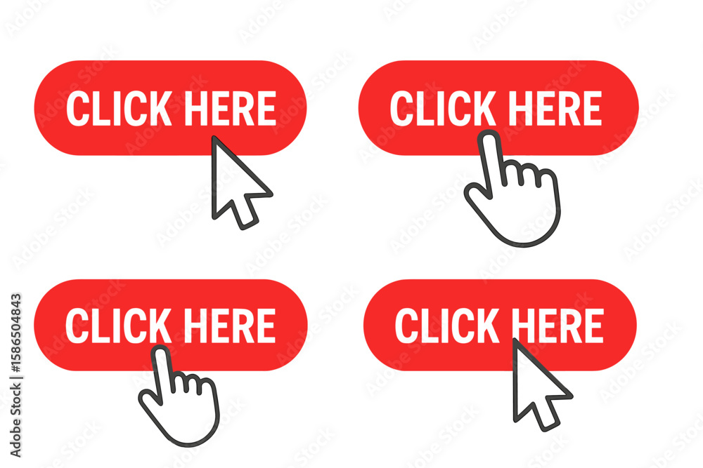 Fototapete Set of red click here buttons with computer mouse cursor and hand pointer icons. Modern call to action (CTA) for website design. Vector symbol for user interface (UI).