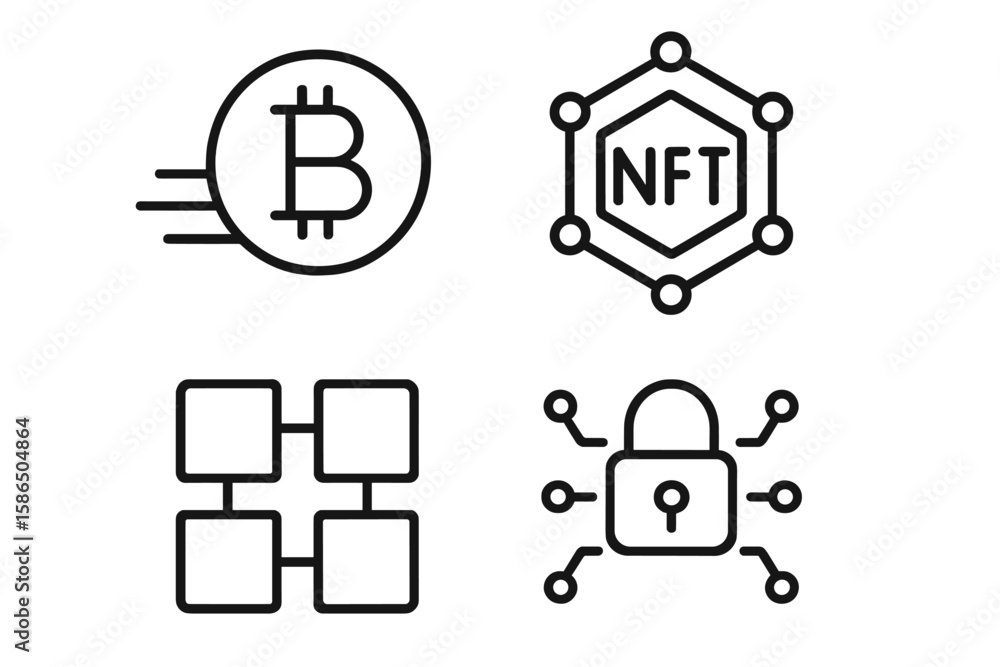 Poster cryptocurrency and blockchain technology icon set. vector line art icons including bitcoin, nft, cyb