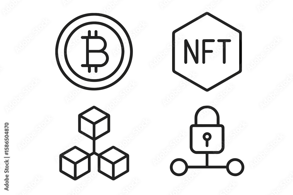 Poster cryptocurrency and blockchain technology line icon set. vector symbols for bitcoin, nft, crypto fina