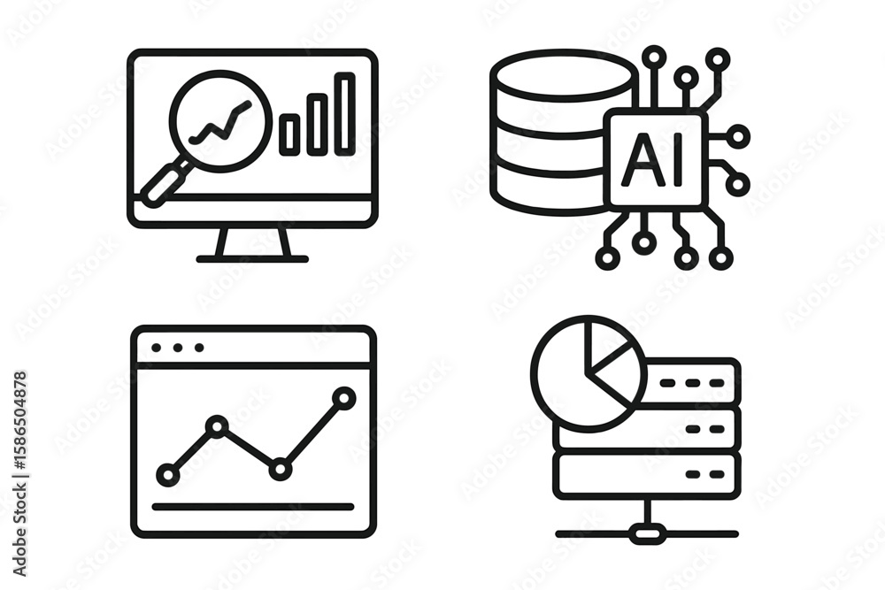 Poster data analytics line icon set. icons for data analysis, processing, statistics, and monitoring. inclu