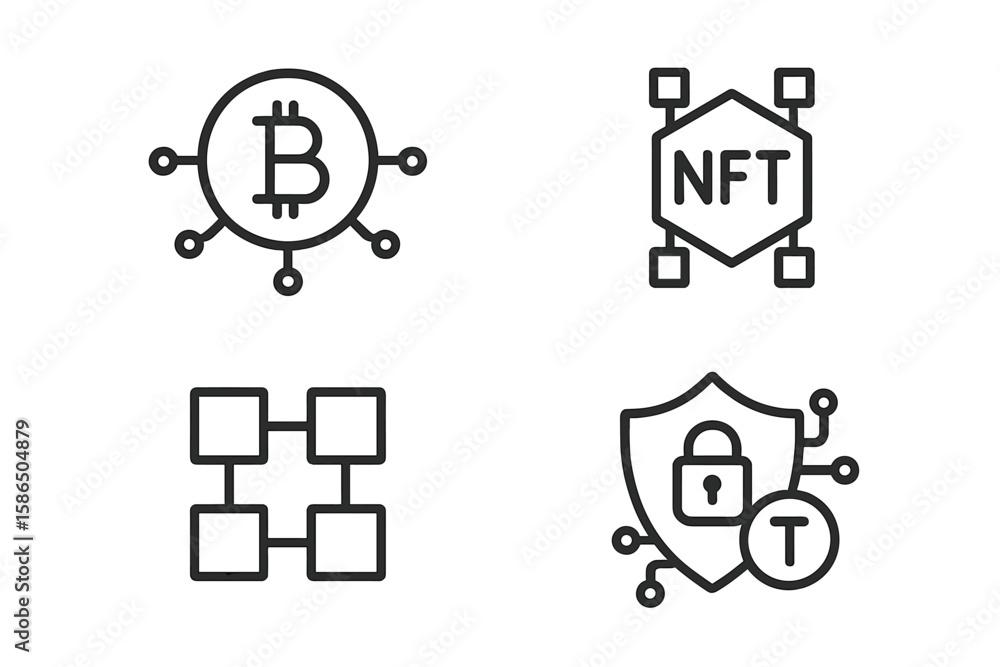 Poster cryptocurrency and blockchain technology line icon set. bitcoin, nft, secure transaction, and blockc