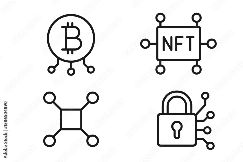 Poster cryptocurrency line icon set. crypto technology and blockchain concept icons. bitcoin, nft, digital 