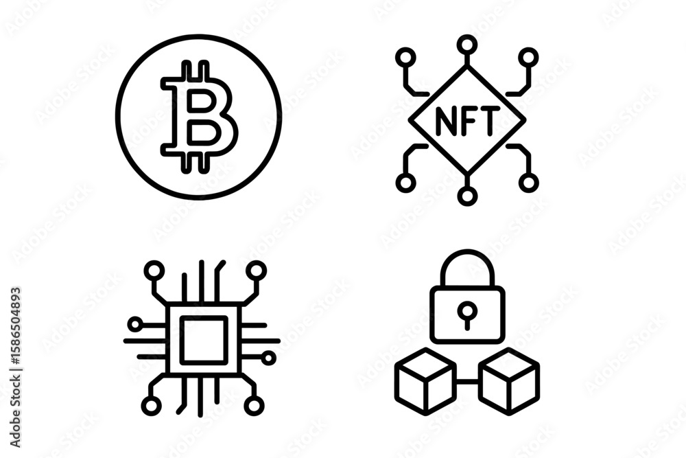 Poster cryptocurrency icon set in thin line style. vector collection of crypto technology and blockchain sy