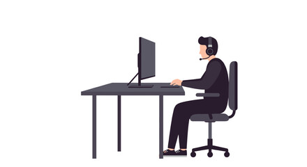 Man working at desk with computer and headset in office environment  