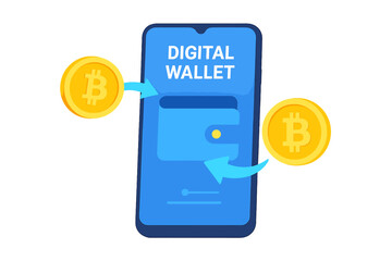Crypto wallet concept with mobile phone. Digital bitcoin wallet for cryptocurrency transaction. Blockchain technology for sending and receiving virtual money. Fintech payment.