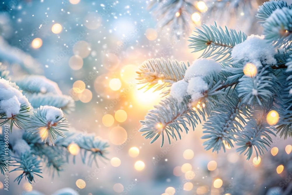 Poster closeup of snowcovered pine branches with soft bokeh lights and falling snow