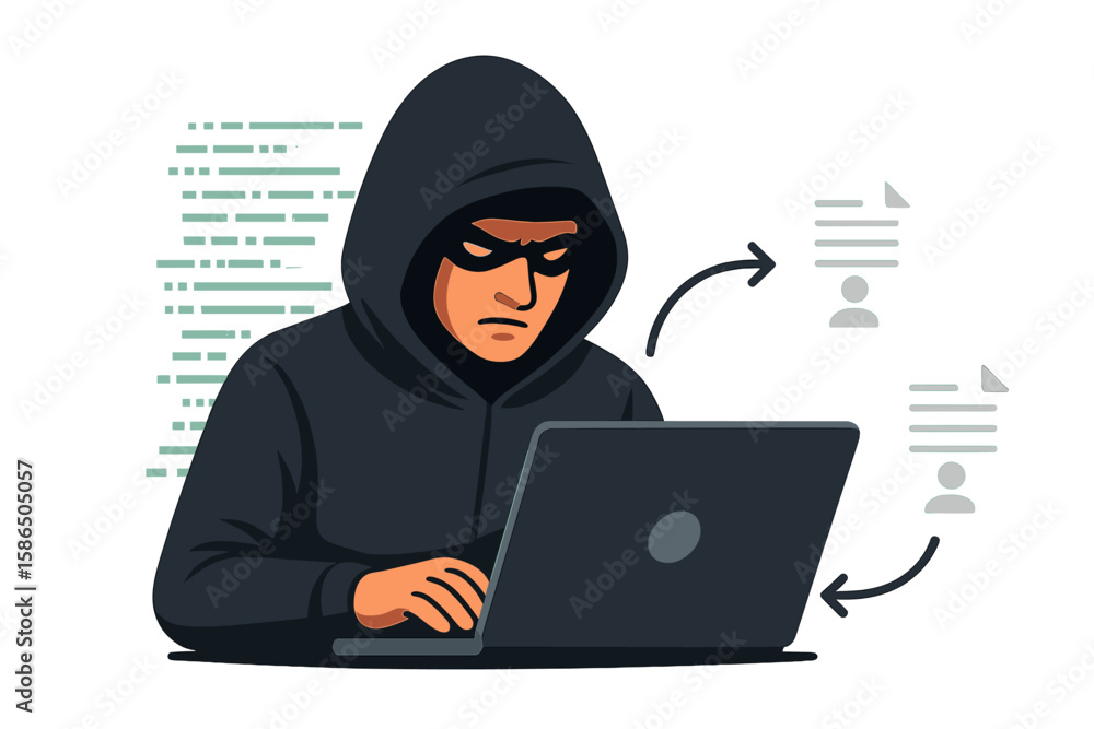 Aufkleber hacker in black hood at laptop stealing personal data. cyber criminal attack and web security concep
