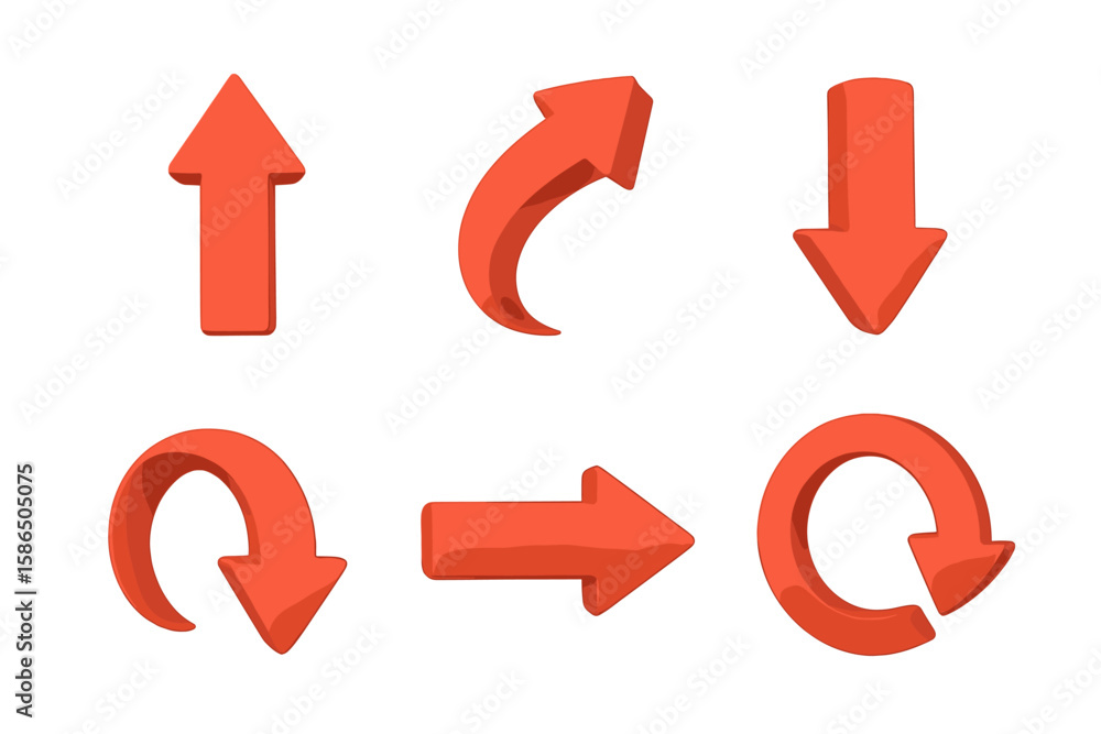 Poster three-dimensional red arrows collection. 3d directional symbols and navigation icons set. curved, ro