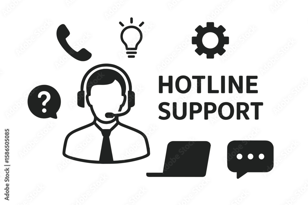 Poster hotline support service icon set. call center operator with headset for client consultation. technic