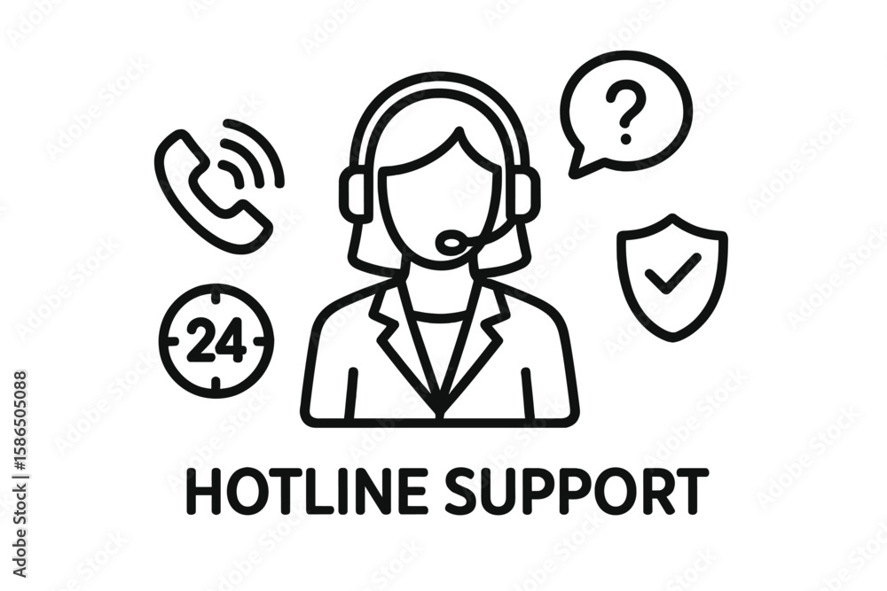 Poster hotline support service icons. call center agent with headset for technical help and client consulta