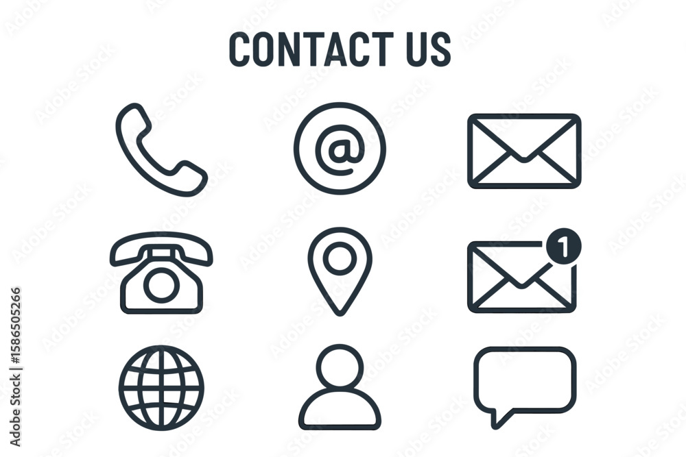 Poster contact us icon set. business card communication symbols. web and mobile app interface elements. vec