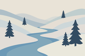 Serene Winter Landscape with Trees and Flowing River Illustration