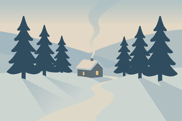 Fototapeta premium Cozy Winter Cabin Surrounded by Snowy Hills and Tall Pine Trees