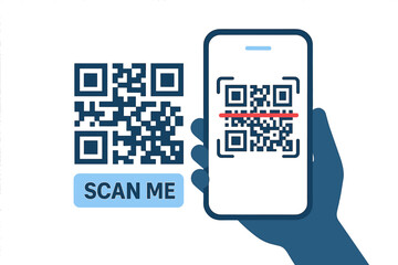 Hand holding smartphone scanning a QR code for contactless payment. Mobile phone with barcode reader for online access, digital verification, web, ui, app, landing page, banner.