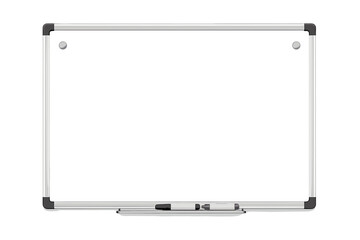 Realistic office whiteboard vector mockup. Empty magnetic board with markers on a transparent background. Blank template for business presentation, education, or training session.