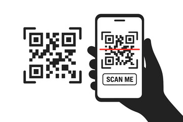 Hand holding smartphone scanning QR code icon. Scan me concept for contactless payment. Mobile phone with digital barcode reader for web link, app or online transaction vector.