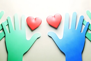 Obraz premium Colorful hands and hearts symbolizing love support and connection
