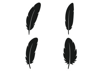 Black feather vector icon set. Bird quill pen silhouette collection in a simple flat style. Plume, plumage, and plumelet graphics isolated on white background for design.