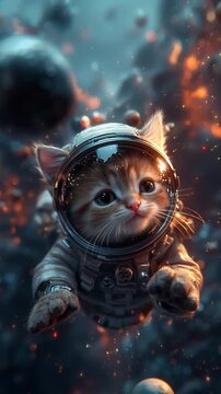 Adorable Kitten in Detailed Astronaut Suit Floating in Outer Space Surrounded by Glowing Particles and Asteroids
