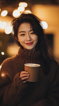 Charming young woman in cozy brown sweater smiling and holding a paper cup of coffee