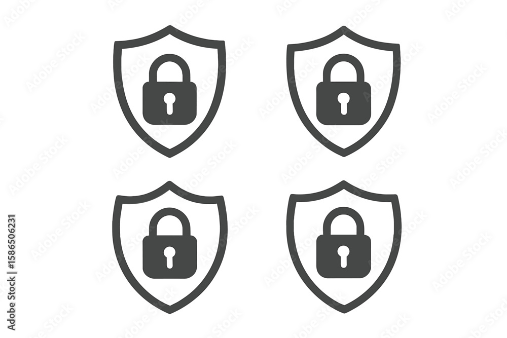 Poster vector set of security shield icons with lock symbol. cyber protection, privacy lock, data encryptio