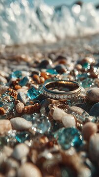Close-up of Ocean Wave Gently Washing Over Colorful Pebbles and Shiny Glass Fragments