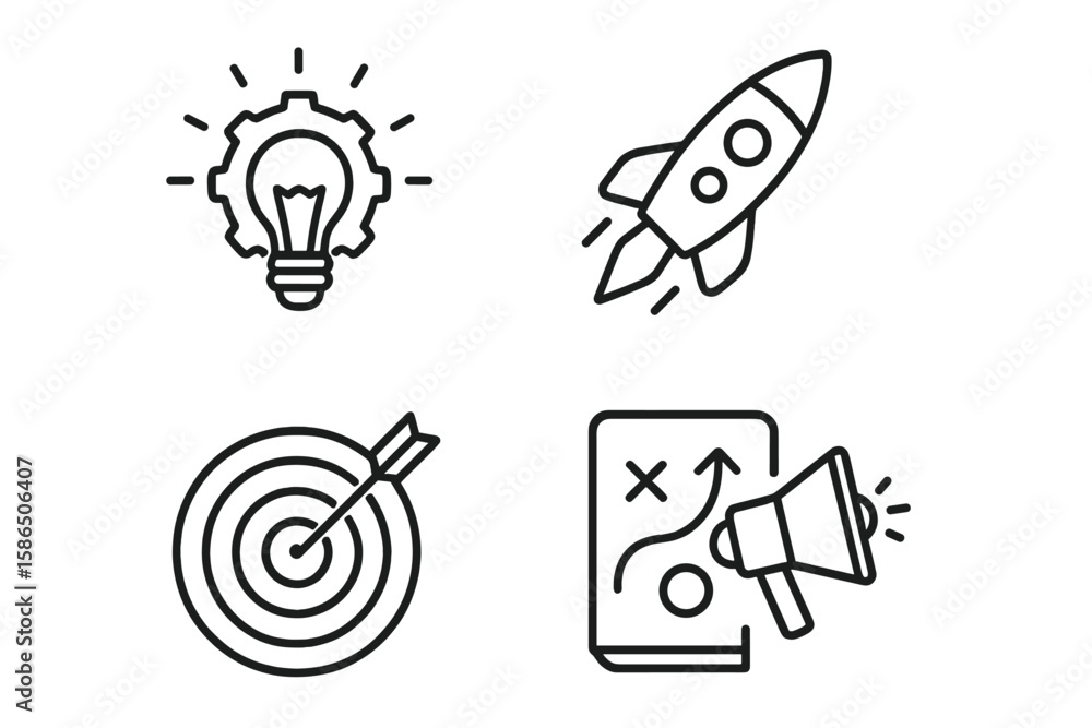 Aufkleber startup line icon set. business project launch. creative idea, innovation, development. rocket start