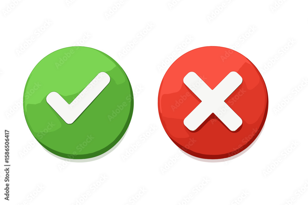 Aufkleber 3d check mark and cross icon set, glossy green approval button and red denial button, vector symbol,