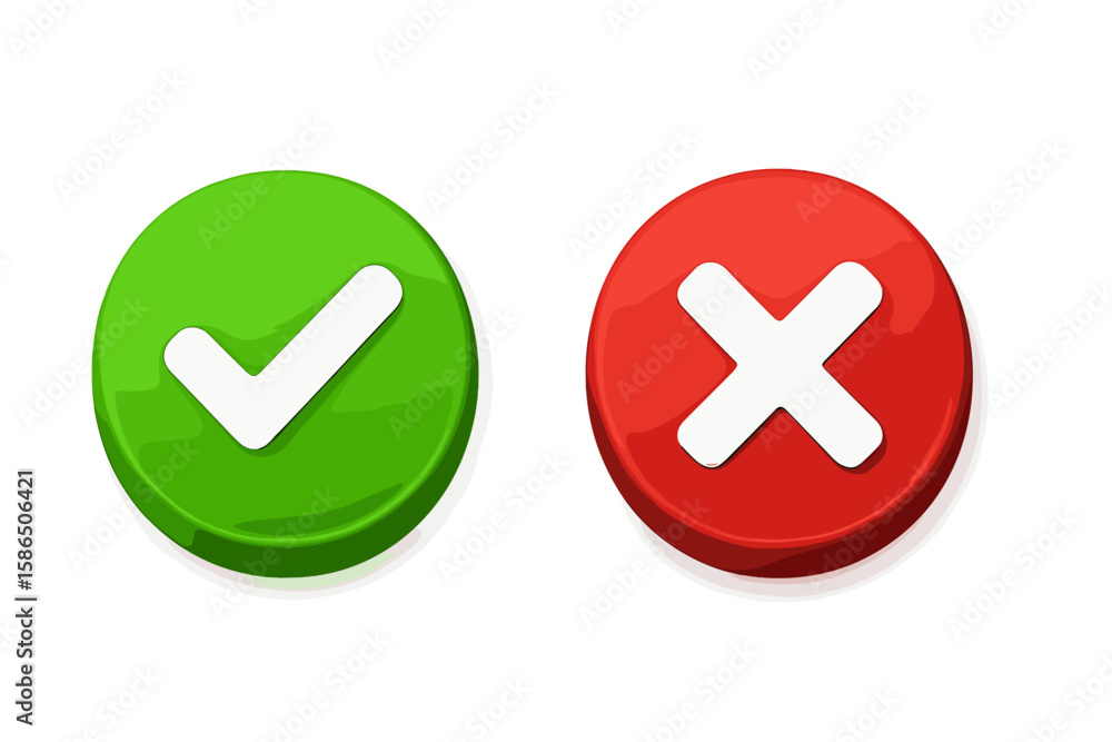 Poster 3d tick and cross button icon set, green check mark and red x, isolated vector symbol, transparent b
