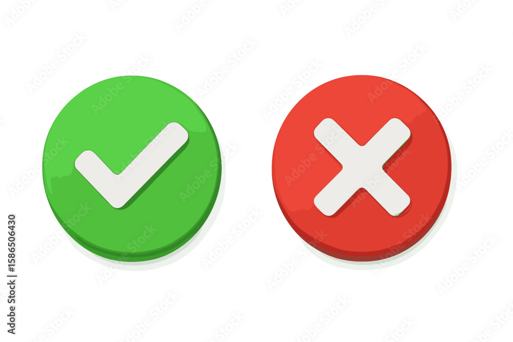 Poster 3d green tick and red cross button icons. isolated checkmark and error symbol badges. approval and d