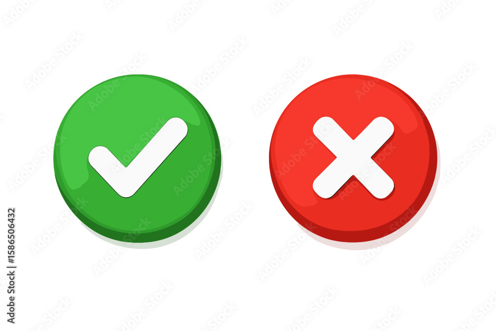 Poster 3d green tick and red cross icon buttons isolated on white, vector illustration, approval and reject