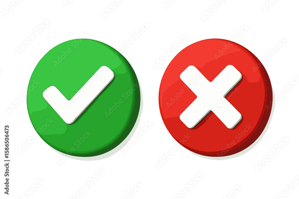 Poster 3d green check mark and red cross button icons, vector symbol on transparent background. approval an