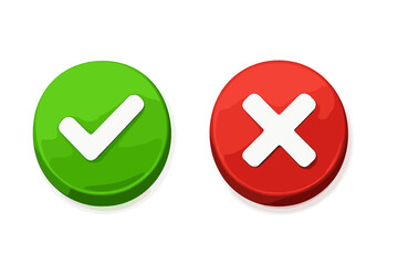 3D Tick and Cross Button Icon Set, Green Check Mark and Red X, Isolated Vector Symbol, Transparent Background, Approval Reject Concept, Rendered Decision Icons, PNG Vector Illustration