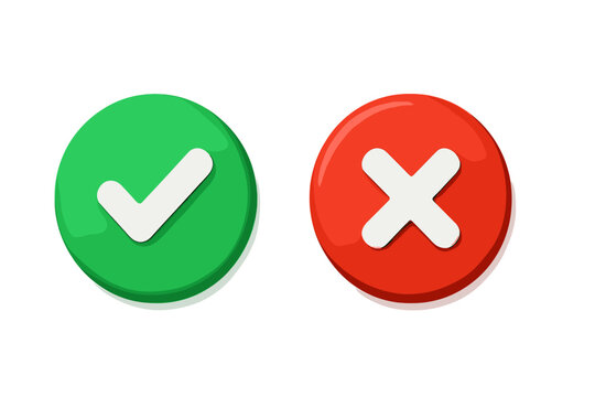 3D Green Check Mark and Red Cross Icon Buttons. Approval and Rejection Symbol Set. Isolated Glossy Vector. Verification, Acceptance and Denial Concepts for Web UI, Transparent Background