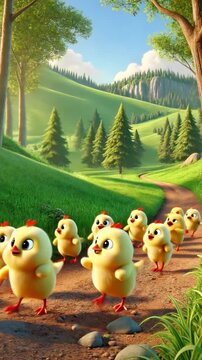 Cute Cartoon Yellow Chicks Walking on a Dirt Path through a Lush Green Forest with Rolling Hills