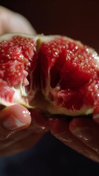 Close-Up of Juicy Ripe Fig Held in Hands with Glowing Natural Light and Sensory Detail of Fresh Fruit Texture