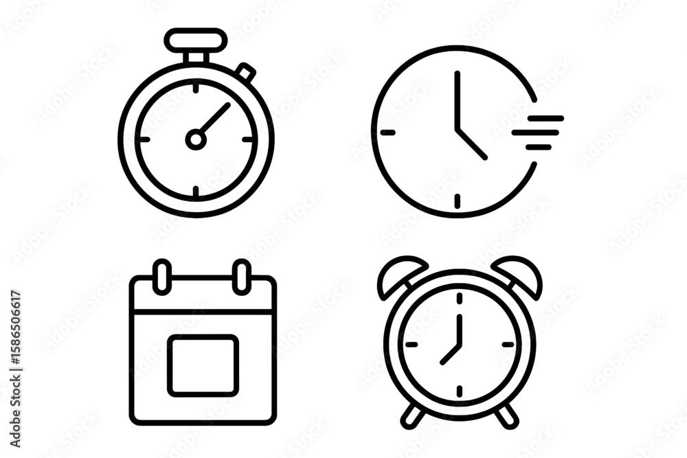 Aufkleber modern time and clock icon set in minimal line style – stopwatch, fast clock, calendar, alarm symbol