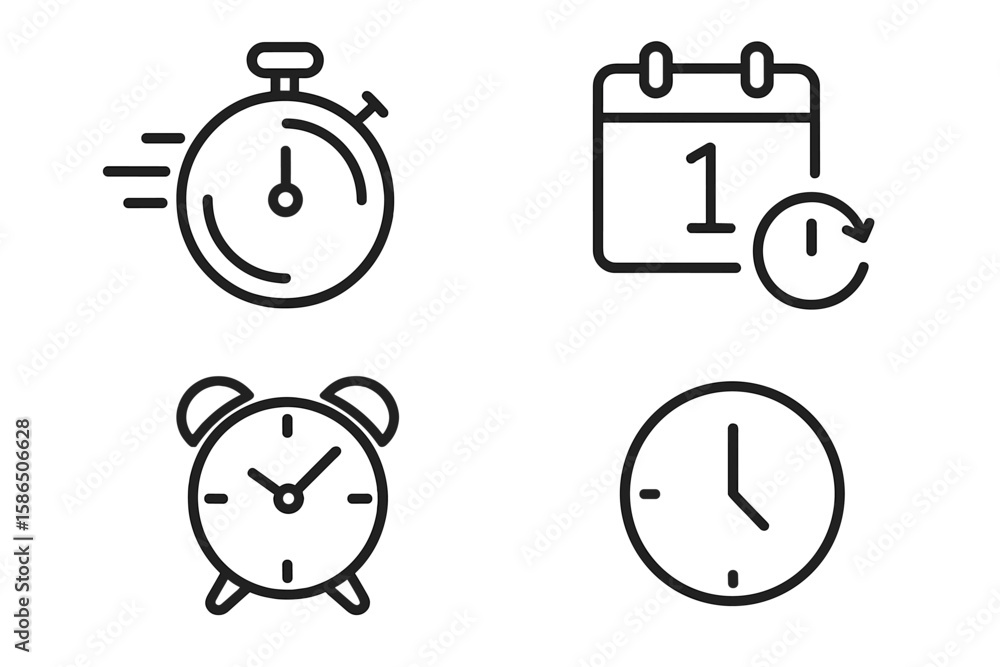 Poster vector time and clock icon set in modern line style – stopwatch, fast timer, date calendar, countdow