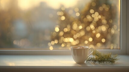 Cozy cup of tea on window sill with blurred lights background  