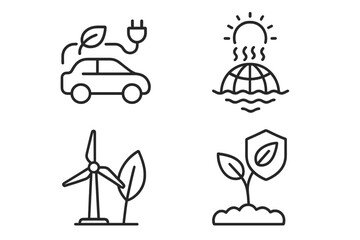 Fototapeta premium Eco-Friendly Travel and Sustainable Tourism Web Icons Set. Thin Line Vector Symbols for Mobile and Web Apps—Electric Car, Renewable Energy, Climate Change, Environmental Protection, Green Globe