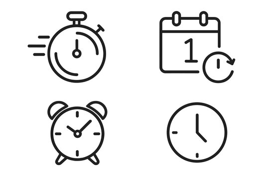 Vector Time and Clock Icon Set in Modern Line Style – Stopwatch, Fast Timer, Date Calendar, Countdown, Alarm Clock, Wall Clock, Time Management Symbols for Web and App Interfaces