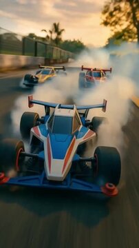 Dynamic Racing Scene with Toy-Style Formula Cars Drifting on Asphalt Track at Sunset