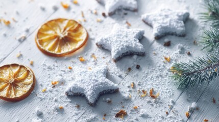 Star-shaped cookies with powdered sugar and dried orange slices  