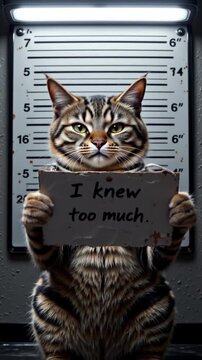 Funny tabby cat holding a crime confession sign in front of a police lineup wall under interrogation lights