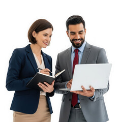Two professionals collaborating on a laptop and notebook