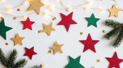 Obraz premium Colorful Christmas stars and green pine branches on white background 
