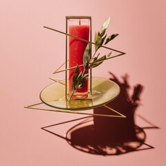 Geometric candle holder with red candle and green leaves on pink background  