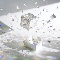 Shiny crystal cube floating above an open gift box with confetti  