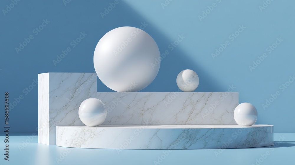 Aufkleber clean presentation of abstract geometric shapes showcasing spheres and platforms with cool blue colo